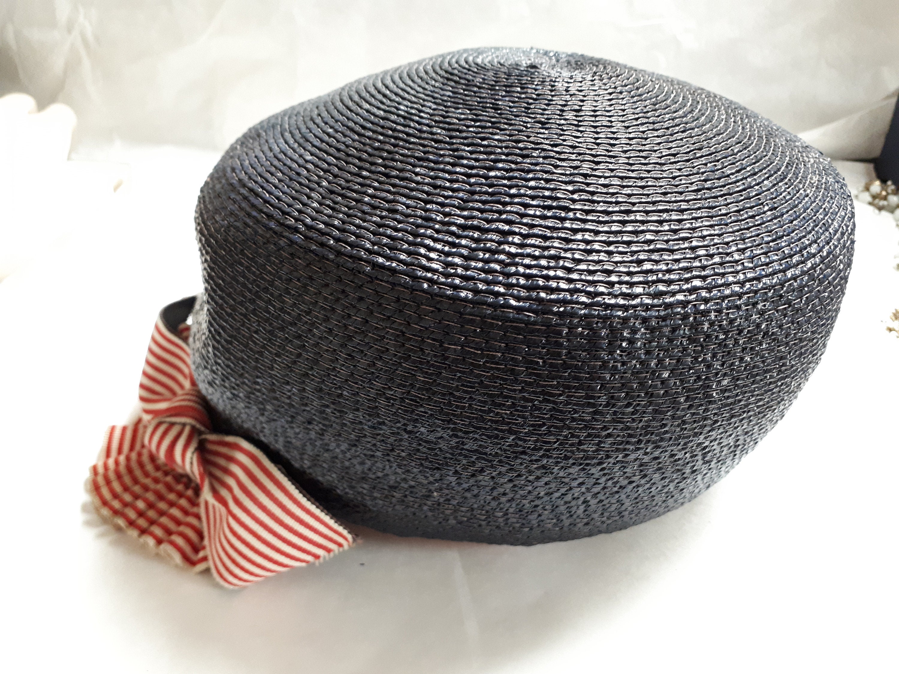 Vintage Mr.John Pace-Setters navy and white stripe  straw hat with white patent Straw Everyday 1960s Vintage Hats for Women for sale | eBay main image 2