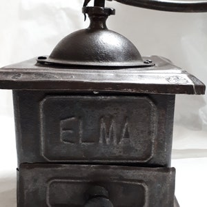 Antique coffee grinder, ELMA original sheet metal, wooden knobs, perfect condition