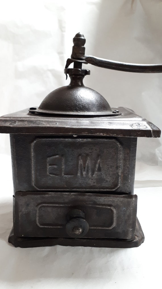 Molinillo de café antiguo, chapa original ELMA, pomos de madera
