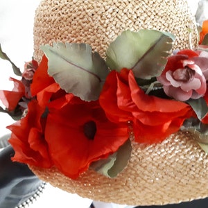 ELSA SCHIAPARELLI vintage hat, straw with poppies and forget-me-nots, wide-brimmed image 2