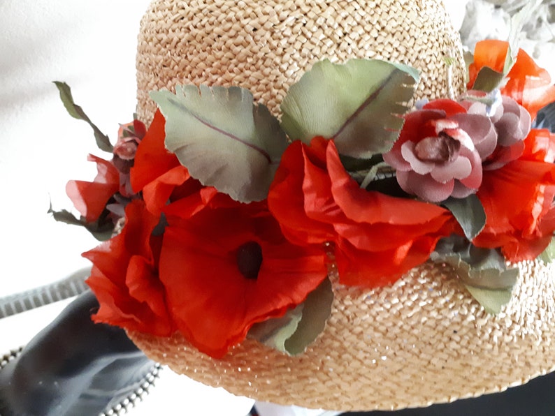 ELSA SCHIAPARELLI vintage hat, straw with poppies and forget-me-nots, wide-brimmed image 2