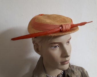 Vintage straw hat, lacquered orange feather, fifties, size 22"