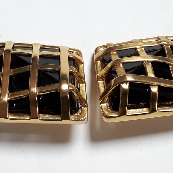 UGO CORREANI earrings - haute couture, Italy,  goldtone, black lucite wedges