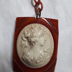 BAKELITE CAMEO pendant necklace, Victorian Revival, RED bakelite, celluloid chain