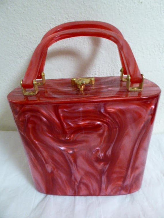 LUCITE handbag, 1970 doing Fifties..... marbled R… - image 1