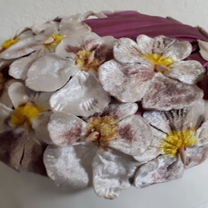 ELSA SCHIAPARELLI hat, velvet pansies, lots of pansies, mauve, purple, cream, magenta image 9