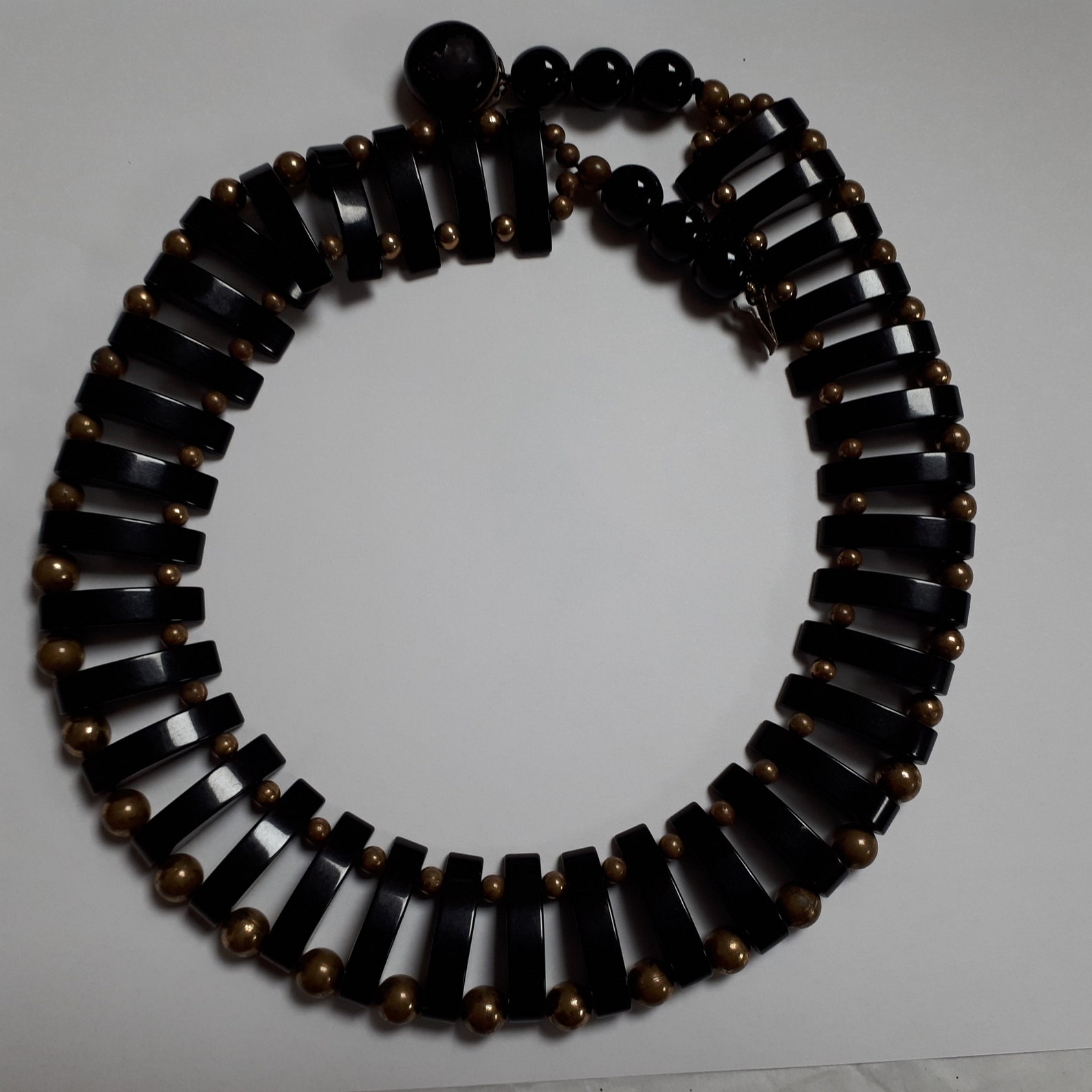BLACK BAKELITE NECKLACE goldtone beads art deco collar | Etsy