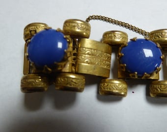 MIRIAM HASKELL bracelet, USA, goldtone, blue glass stones, signed, original 40's