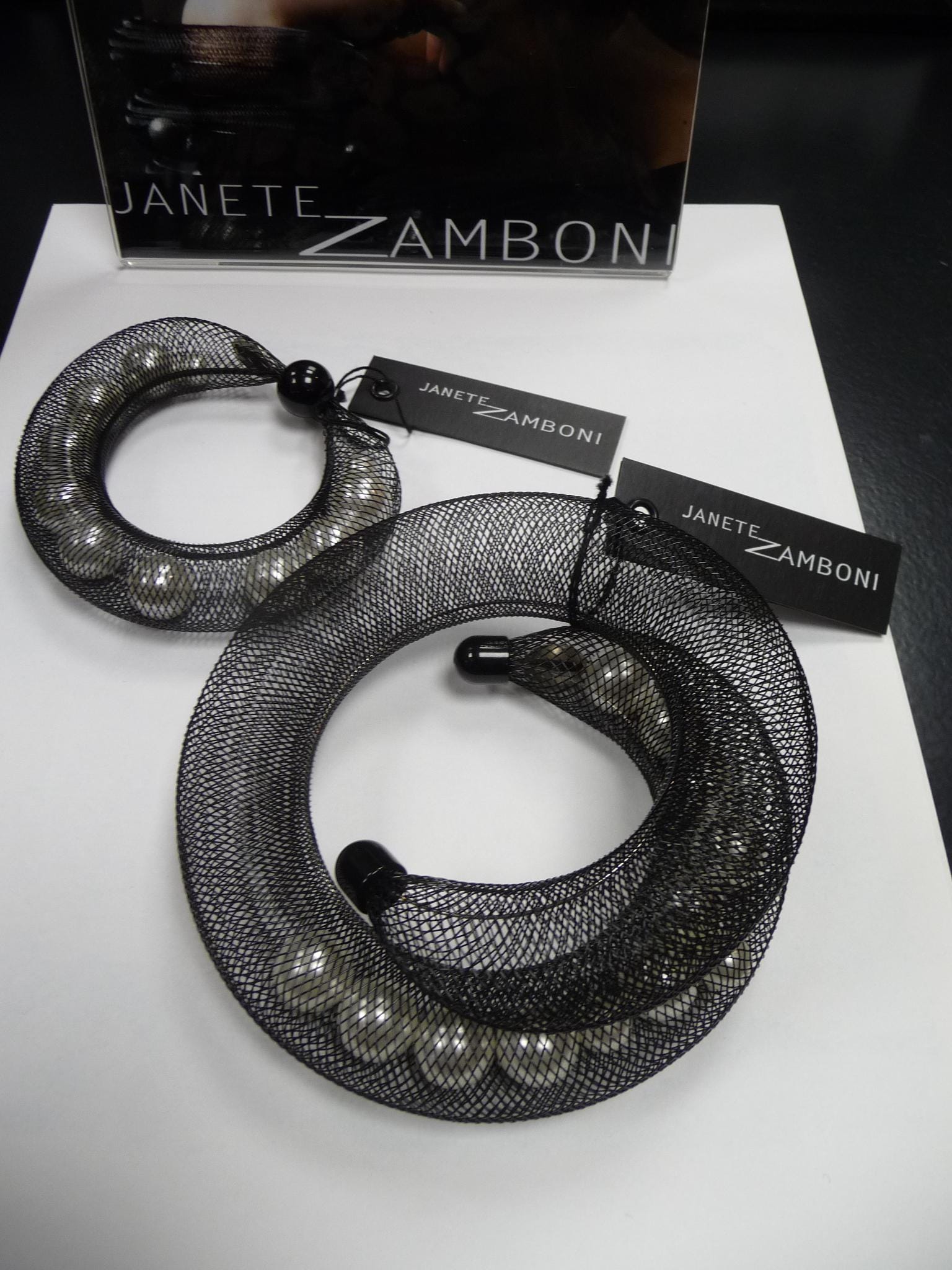JANETE ZAMBONI Necklace ARROBA Black Mesh Tube With Resin Pearls JANETE ZAMBONI Necklace ARROBA Black Mesh Tube With Resin Pearls