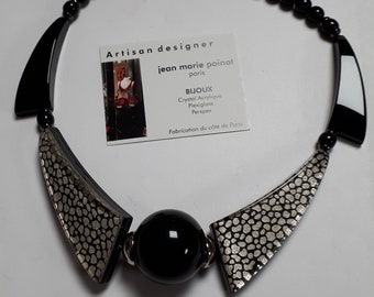 Jean Marie Poinot, Paris, couture necklace, reversible, leo print & black, art deco