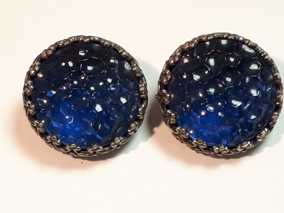 ELSA SCHIAPARELLI earrings, cobalt blue glass, silvertone metal, rare and collectible couture design