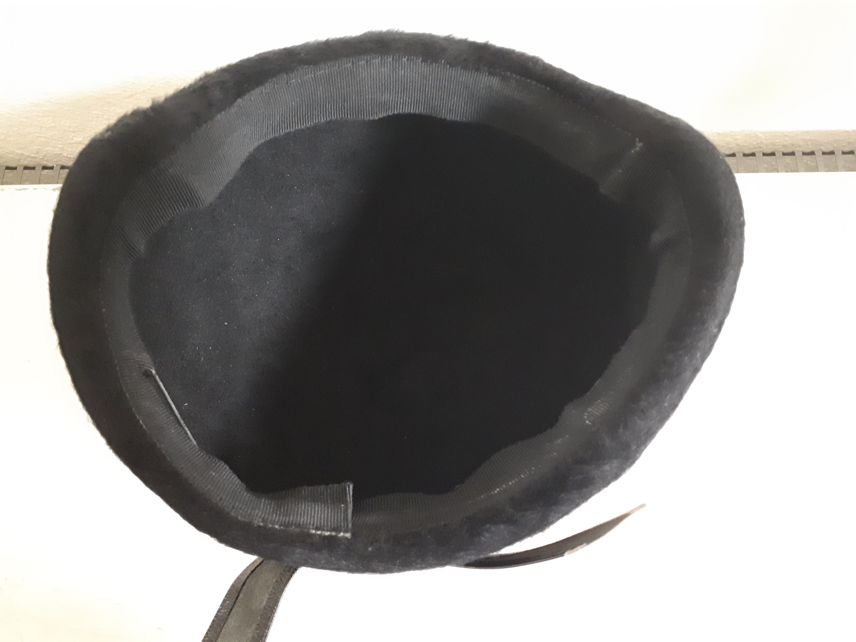 VINTAGE CLOCHE Hat, Black Hare Felt, Leather Application