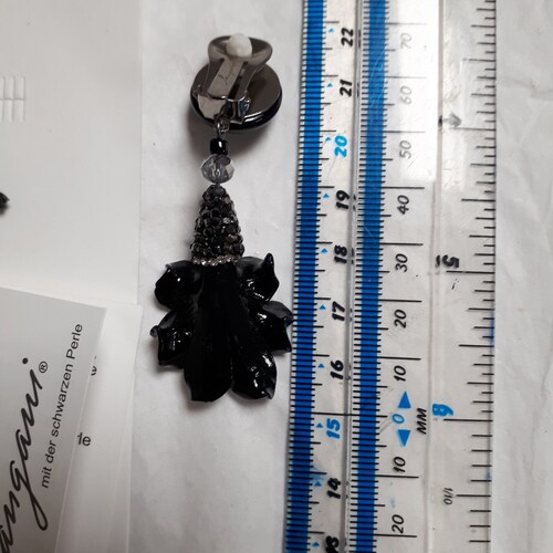 RESERVED !!!!! LANGANI earrings, black Enzian shops flowers with grey rhinestones, clipbacks, new in box.