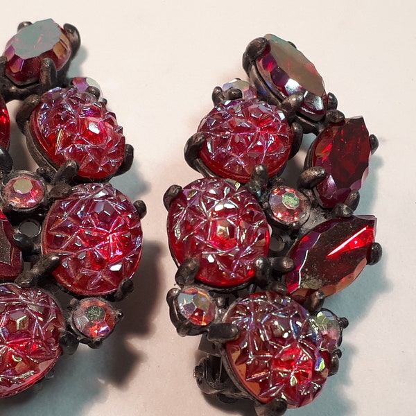 ELSA SCHIAPARELLI earrings, red shades, art glass, signed, clipons, rare and collectible
