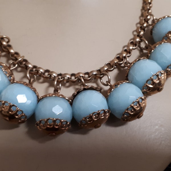 FORTIES necklace, large antique goldtone link chain with facetted pale blue lucite balls, large  bead caps