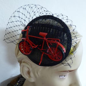FASCINATOR bike bicycle, red bike with black veiling, retro rockabilly party