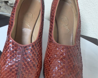 RED vintage snakeskin shoes, ca 1930's, no wear visible, very small, ca European 35