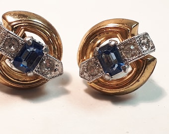 McClelland Barclay earrings, art deco, blue and clear RS, goldtone metal, screwbacks