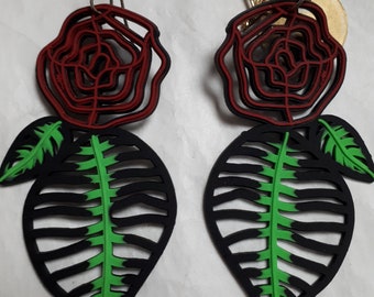 MARZIO FIORINI Brasilien, Ohrringe rote ROSEN, Lasercut PVC, alte Lagerware, neu mit Box