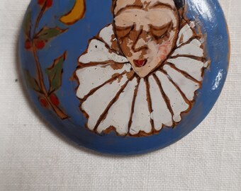 PIERROT brooch, hand painted on wood, thirties, French