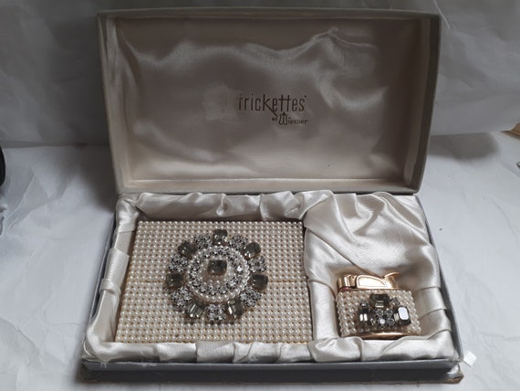 rhinestone cigarette case TRICKETTES by Wiesner Cigarette Case & Matching Lighter, BOXED, Pearls and  Grey Baguette Rhinestones
