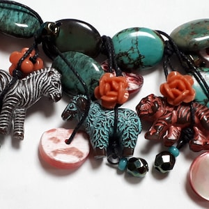 LANGANI vintage necklace, Serengeti, zebras, tigers, faux turquoise & coral howlite, rare