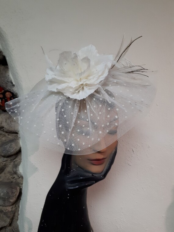 Vintage White & Cream Tulle Head Piece Cream Ivory Bridal Headband Feather Tulle and Veil Rose  main image 2