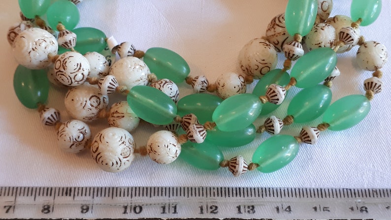 Czechoslovakia necklace, Neiger beads, uranium green glass and etched cream glass beautiful image 4