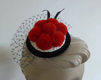 Black Forest, Oktoberfest - 8 cm red pompom hat on fascinator with veiling. Bollenhut