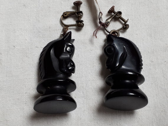 Black carved bakelite CHESS clipback earrings, ho… - image 2