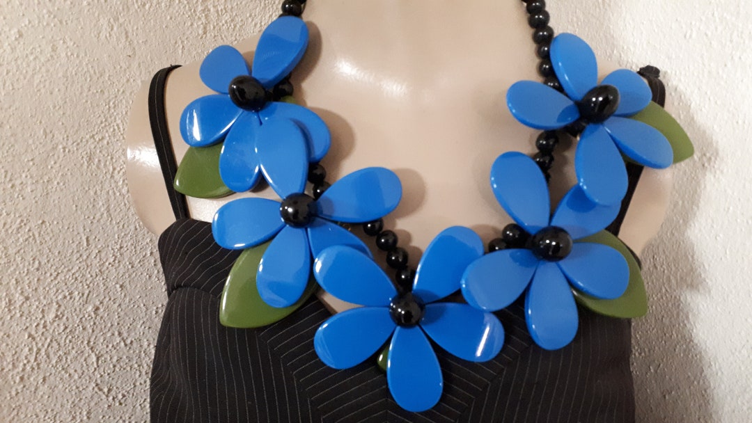 MARION GODART Necklace, Blue Flowers, Huge Size, Famous Paris Designer