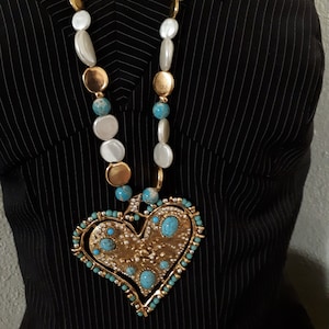 Christian LACROIX long couture heart pendant necklace, blue gold turquoise glass beads, original pouch
