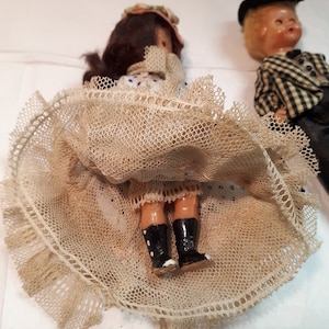 Celluloid vintage MINIATURE DOLLS, French, hand-sewn miniature costumes,  elegant couple, incredible.