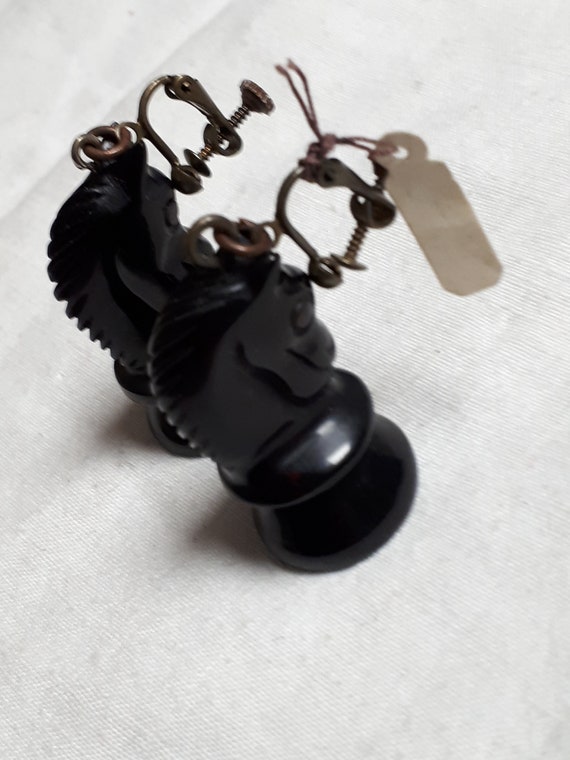 Black carved bakelite CHESS clipback earrings, ho… - image 9