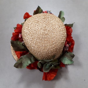 ELSA SCHIAPARELLI vintage hat, straw with poppies and forget-me-nots, wide-brimmed image 8