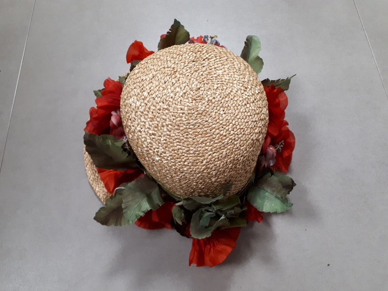 ELSA SCHIAPARELLI vintage hat, straw with poppies and forget-me-nots, wide-brimmed image 8