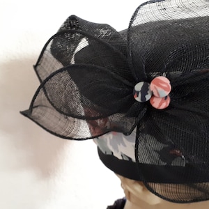 VINTAGE navy pillbox, straw, handmade, large navy sinamay bow, small size