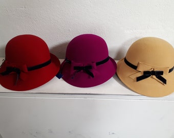 WOOL CLOCHE taupe, yellow or magenta, old stock, European.