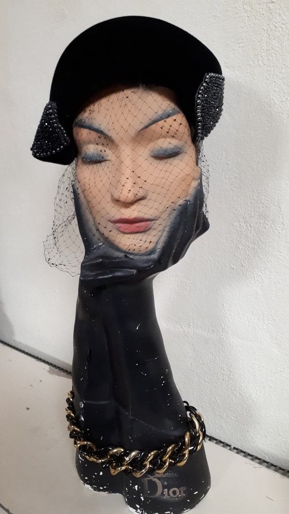 ELSA SCHIAPARELLI vintage cocktail hat, black sil… - image 6
