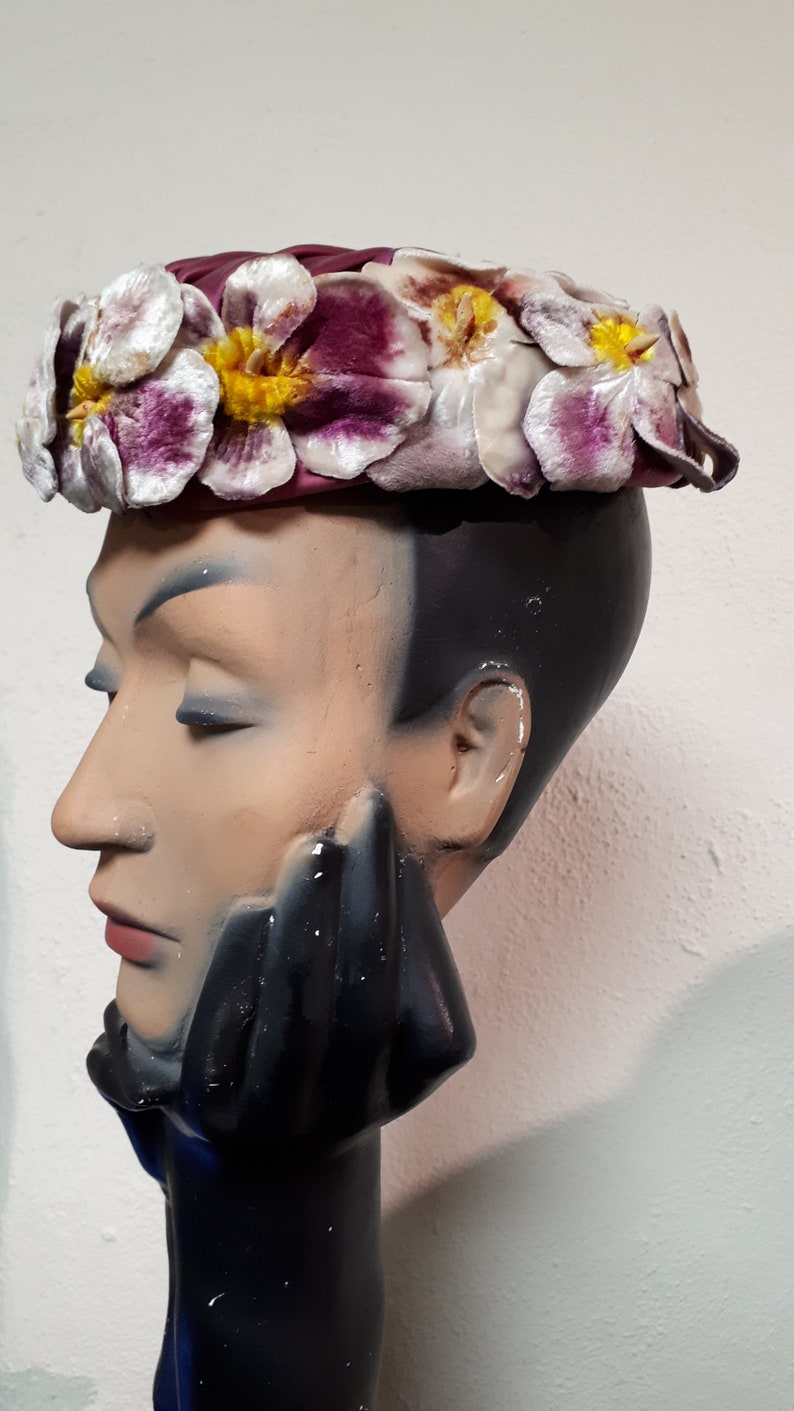 ELSA SCHIAPARELLI hat, velvet pansies, lots of pansies, mauve, purple, cream, magenta image 4