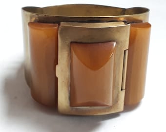 BAKELITE bangle with powder compact, English, butterscotch,  CLASSIC, solid brass, art deco, BOOK piece