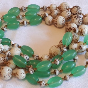 Czechoslovakia necklace, Neiger beads, uranium green glass and etched cream glass beautiful image 3