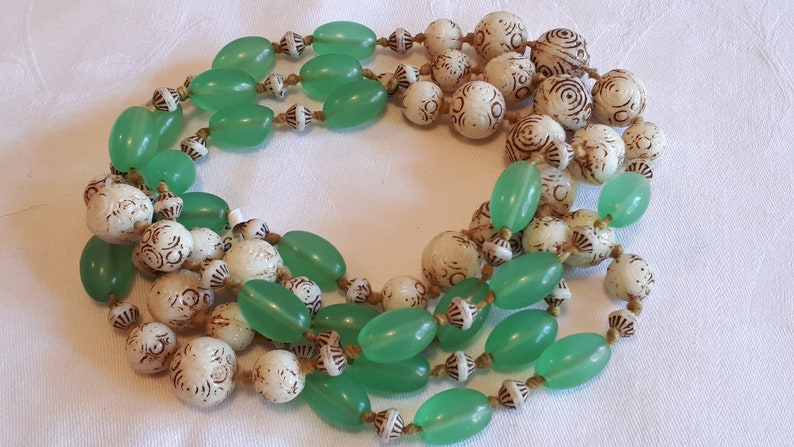 Czechoslovakia necklace, Neiger beads, uranium green glass and etched cream glass beautiful image 3