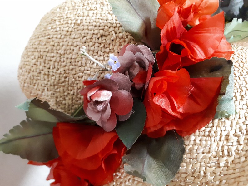 ELSA SCHIAPARELLI vintage hat, straw with poppies and forget-me-nots, wide-brimmed image 3