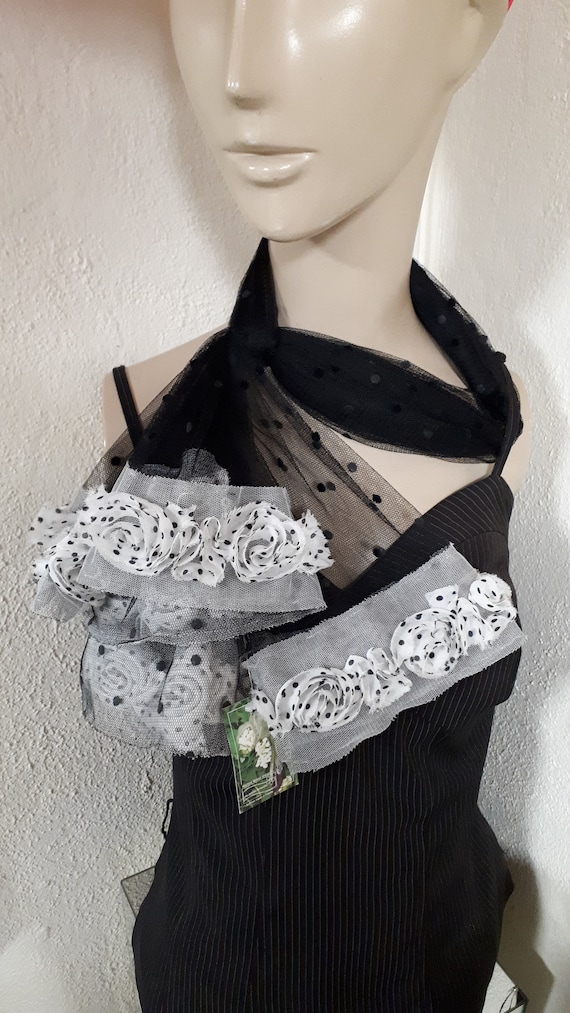 Martine Boissy scarf, dotted black tulle with b/w 
