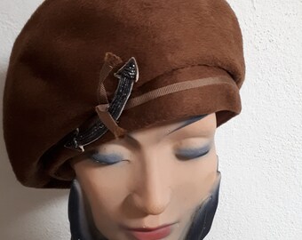 ELSA SCHIAPARELLI vintage hat, fifties, brown velour, quality, haute couture, designer, Paris, rare