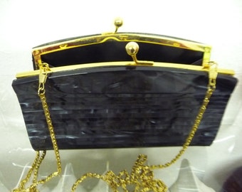 LUCITE handbag  70's  Eames era  marbled grey  clutch with chain