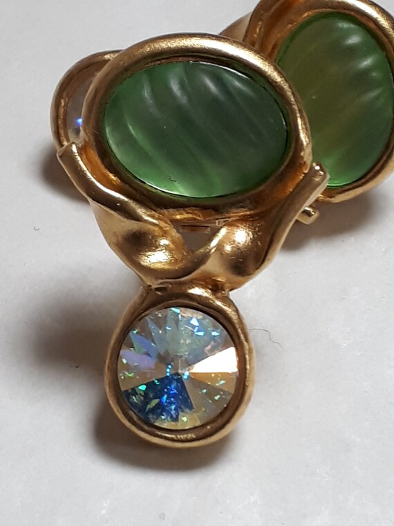 MADAME GRES Earrings, Haute Couture, Goldtone, Green Art