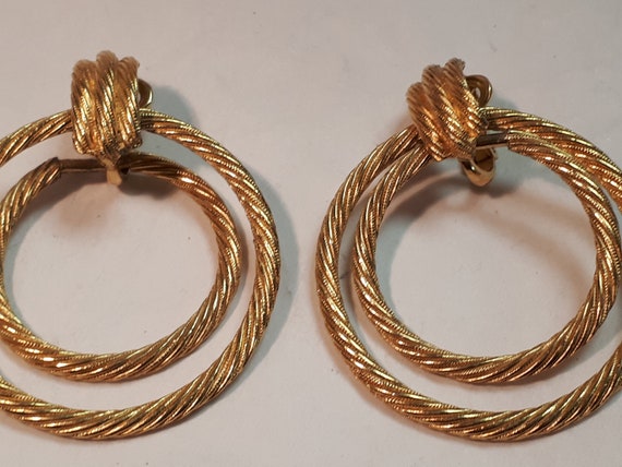 TRIFARI hoop clipon earrings, double hoop, goldton
