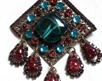 LARRY VRBA earrings, old models, oriental, dark gilted brass, cranberry & turquoise